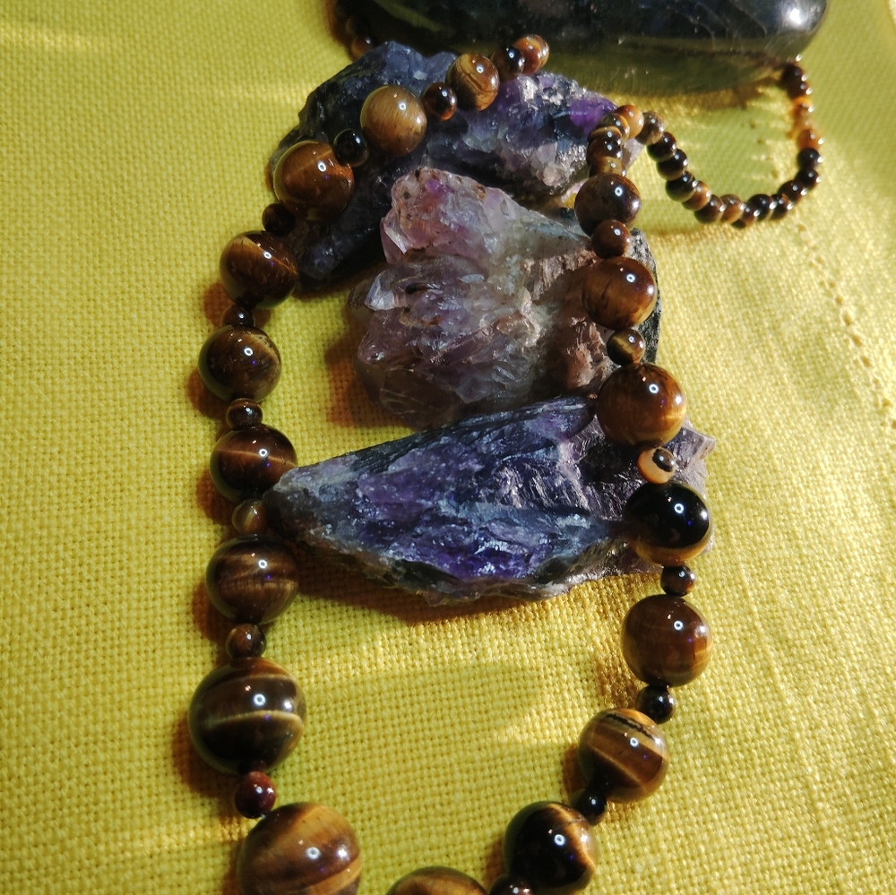 TIGER'S EYE, 📌HAND-TIED, MULTI-SIZED, BEADED, STERLING NECKLACE. 20"